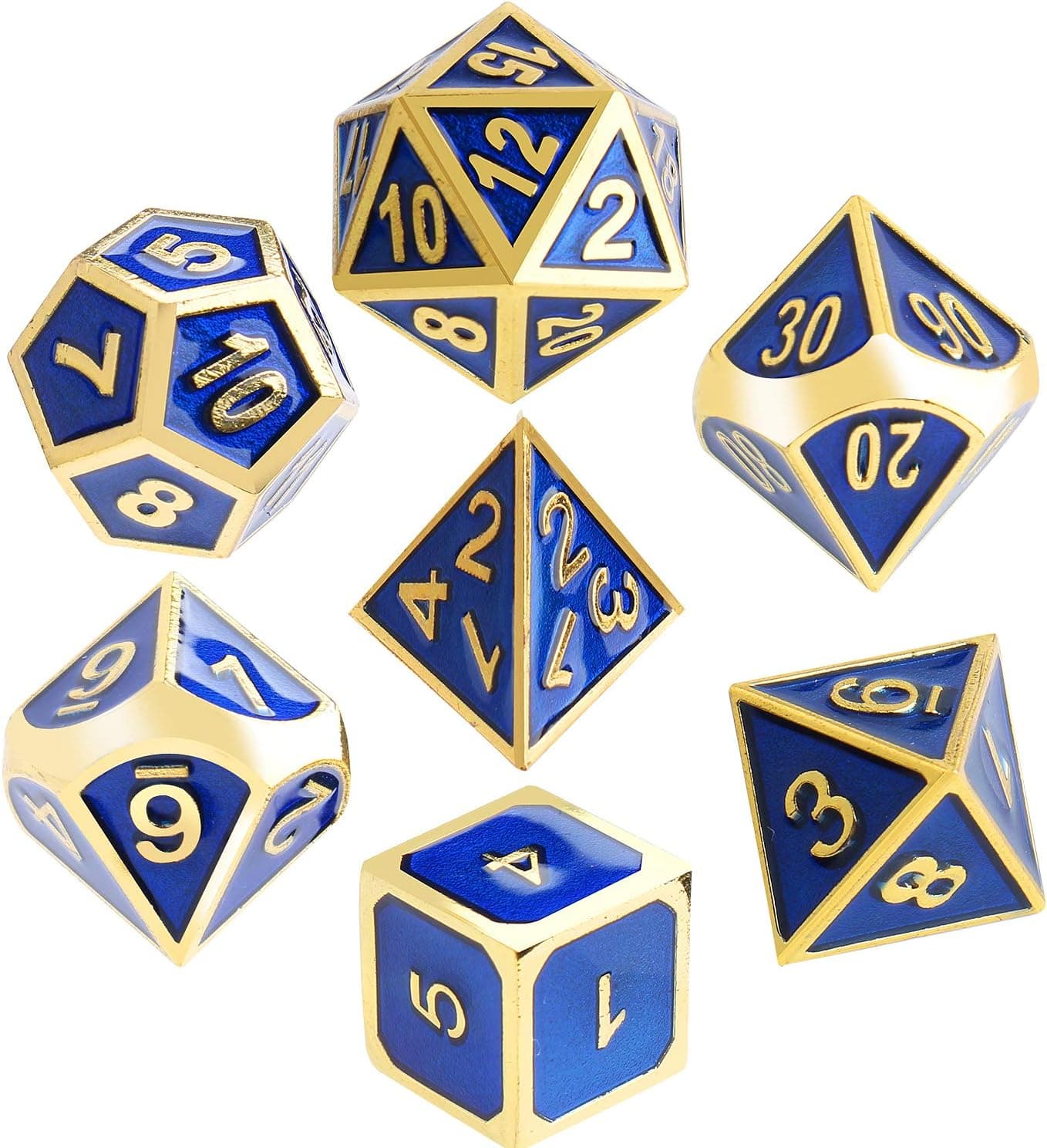 Outee 7 Pcs Metal Dice Set Zinc Alloy Polyhedral Dice Blue with Gold Number D4 D6 D8 D10 D12 D20 for Dungeons and Dragons DND RPG MTG Table Games with Metal Case