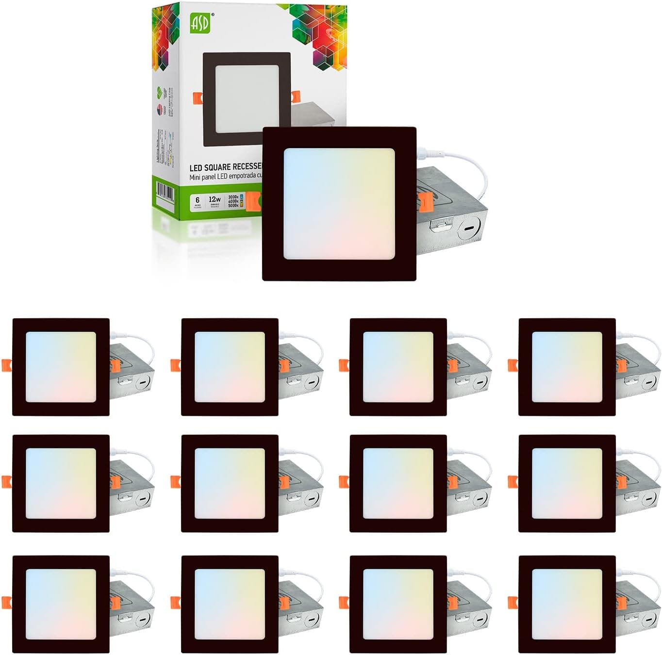 ASD Ultra Thin Square LED Recessed Lighting 6 Inch, 3000K-4000K-5000K Color Temperature Options 12W 840Lm Dimmable LED Downlight, Canless LED Recessed Light, IC & Damp Rated,ETL,Energy Star (12-Pack)