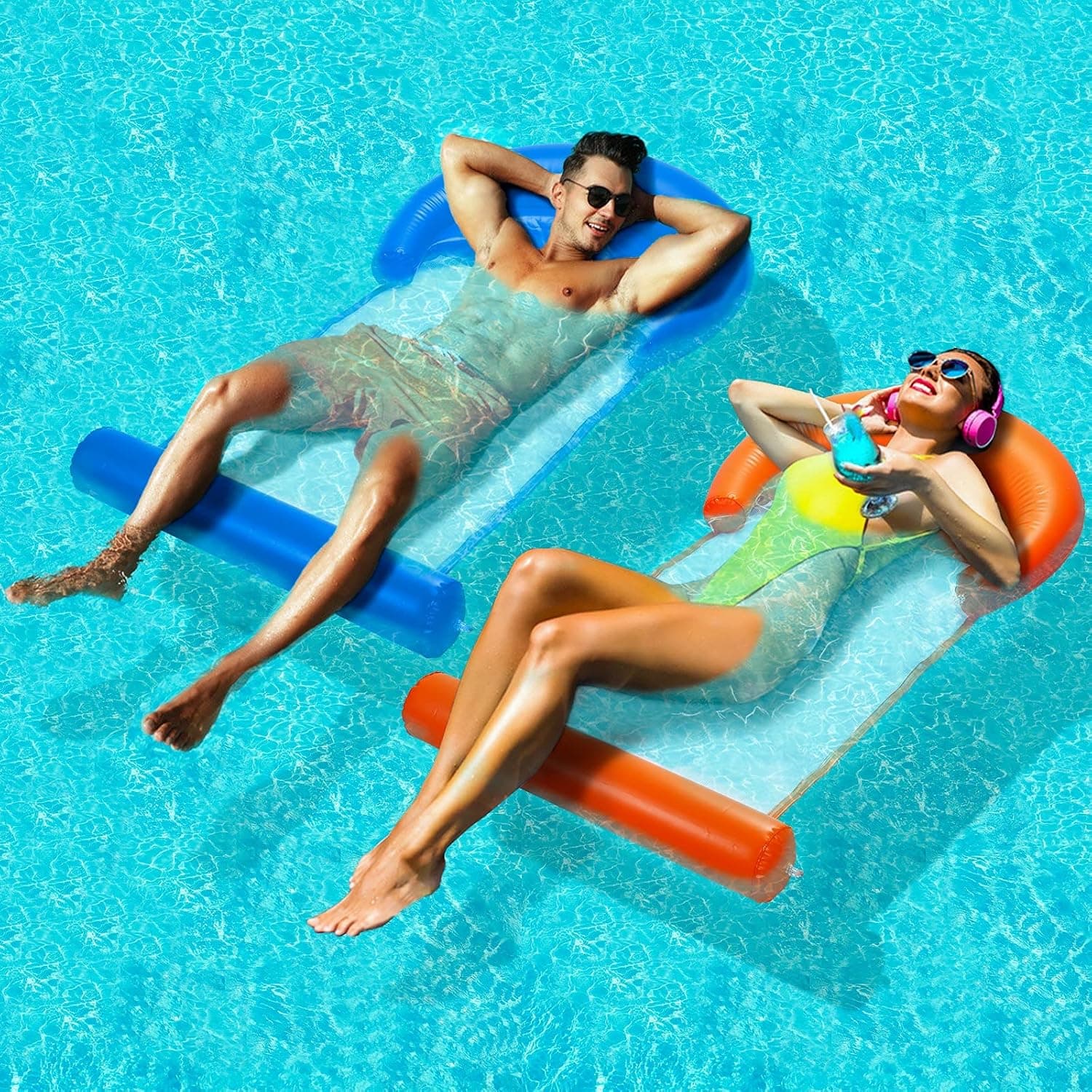 Ganapoco 2-Pack Hammock Inflatable Pool Floats, Multi-Purpose Pool Hammock (Saddle, Lounge Chair, Hammock, Drifter) Pool Chair, Portable Water Hammock Blue and Yellow