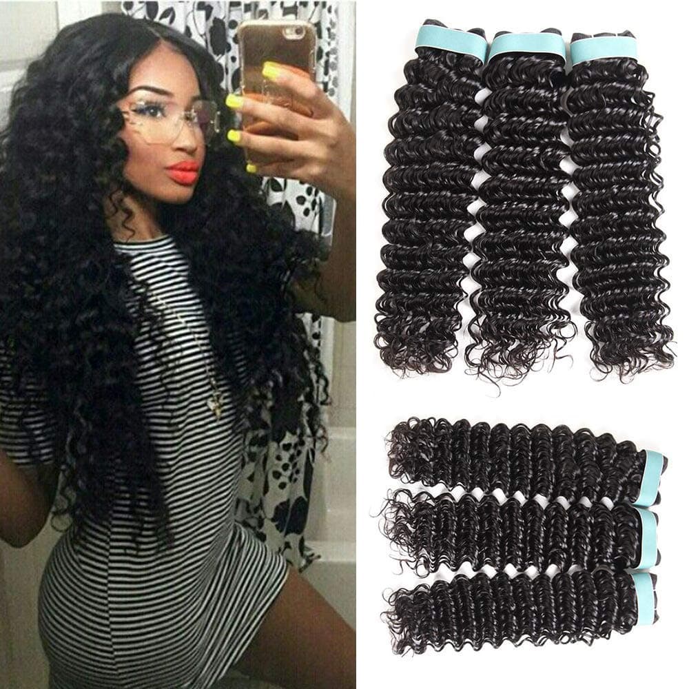 Aatifa Lace Rosa 9A Brazilian Virgin Hair Deep Wave 3 Bundles 100% Unprocessed Natural Color Can Be Dyed and Bleached, (16/18/20 Inch)