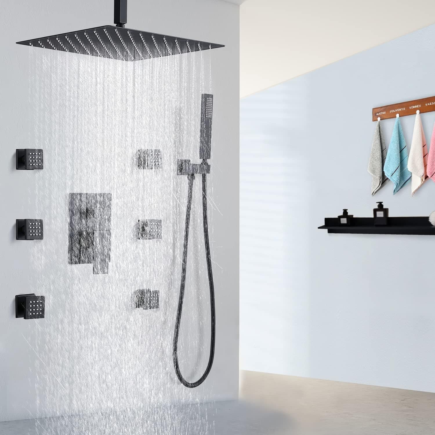 Backnets Matte Black Shower System with Adjustable Flow Body Jets 16 Inch Ceiling Mounted High Pressure Rain Shower Head System Combo Complete Luxury Modern Bathroom Shower Faucet Set