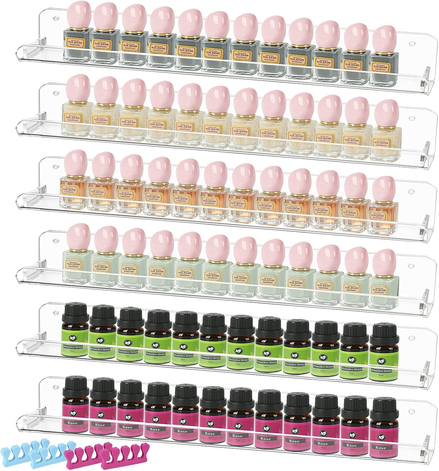 Forzacx 6 Pack Nail Polish Rack, Use Tape or Screws 2 Ways Easy to Install, with Toe Separators, Anti-slip End Inserts and Spirit Level, Clear Acrylic Nail Polish Organizer Display 60-90 Bottles