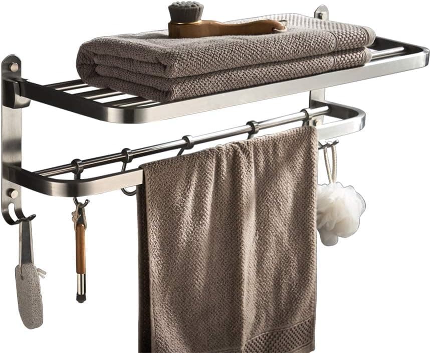YJ YANJUN Hotel Towel Rack with Shelf for Bathroom Foldable Shower Towel Holder Wall Mounted Stainless Steel Brushed Nickel