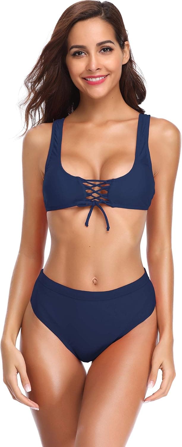 SHEKINI Women's Two Piece Criss Cross Bandeau Halter Swimsuit Bikini Suits(X-Large/(US 16-18), Charming Blue - B)