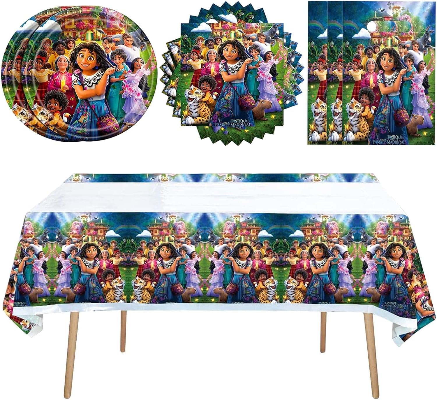 VODSEN 61pcs Birthday Party Decorations Supplies for Encanto, Included 20 Plates, 20 Napkins, 20 Paper Gift Bags & 1Tablecloth, multicolor