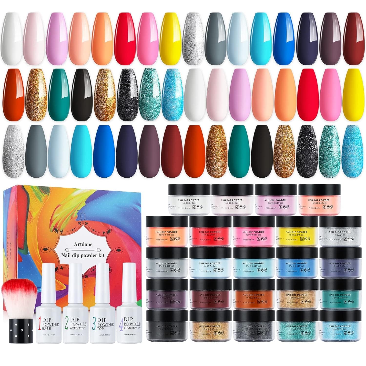 Artdone Nail Dip Powder Kit 24PCS 15ml Each Nail Set for Nail Art Acrylic Without Lamp Cure Natural Dry Nail Glitter Long Lasting Nail Art Decoration