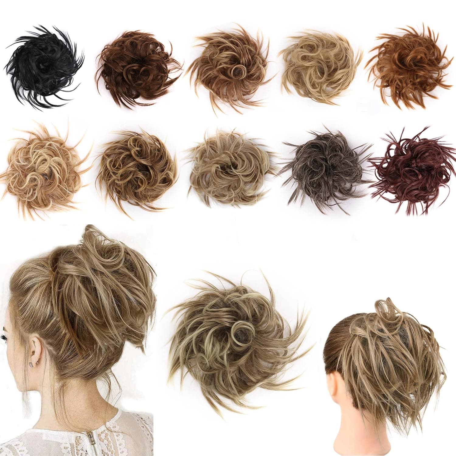 Tousled Updo Messy Bun Hair Piece Hair Extension With Elastic Rubber Band Updo Wavy Bun Hairpiece Synthetic Scrunchies Hairpiece for Women(12T24#,Light Golden Brown Mix Pale Golden Blonde Mixed)