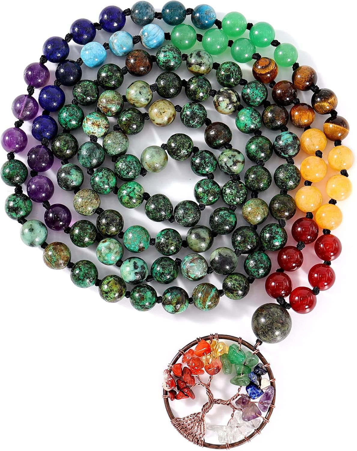 Bivei 108 Mala Beads Bracelet - 7 Chakra Tree of Life Real Healing Gemstone Yoga Meditation Hand Knotted Mala Prayer Bead Necklace