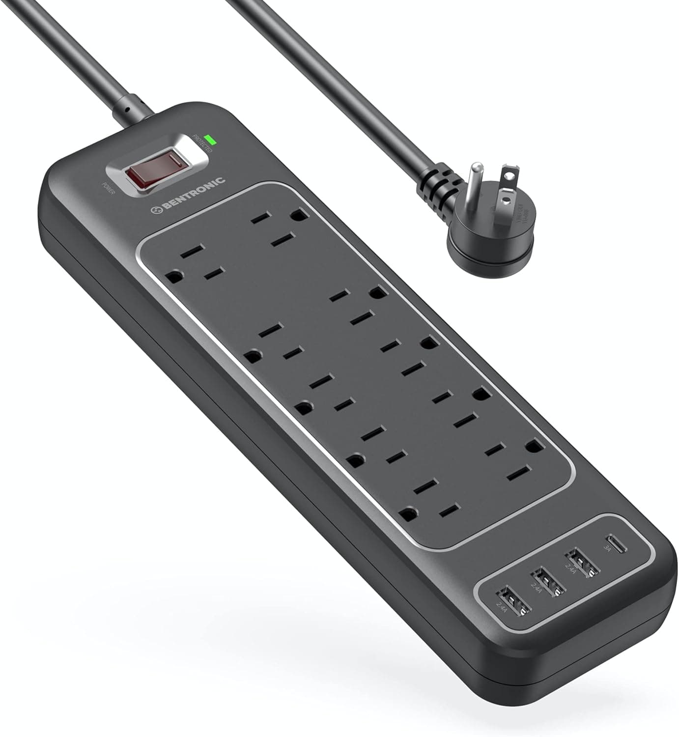 Power Strip Surge Protector USB-C and 10 AC Outlets, 3 USB and 1 USB C, Fast Charging Ports, Black, Flat Plug 6 ft Extension Cord, 2100 J 1875 Watts, 15A, Home Office, ETL Listed BENTRONIC.
