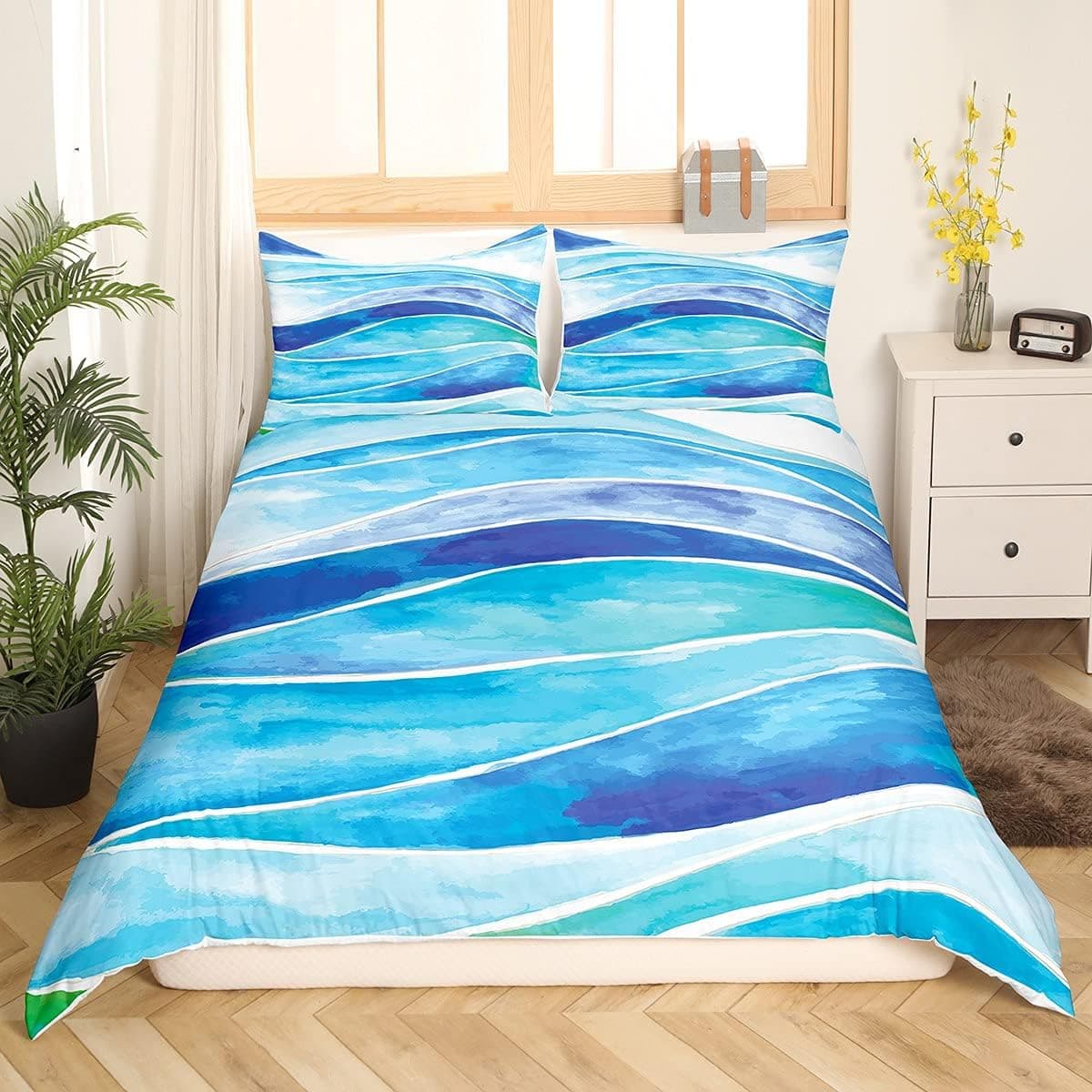 Feelyou Children Duvet Cover Set Ocean Waves Bedding Set Full Size Sea Surfing Themed Microfiber Polyester Comforter Cover with 2 Pillow Shams, Zipper Closure, Soft 3D Print Tropical Blue 3 Pieces