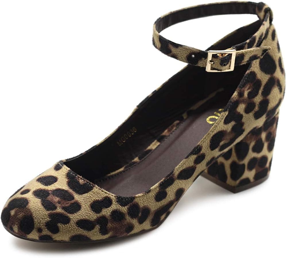 Ollio Womens Shoe Faux Suede Basic Chunky Mid Heel Ankle Strap Pumps