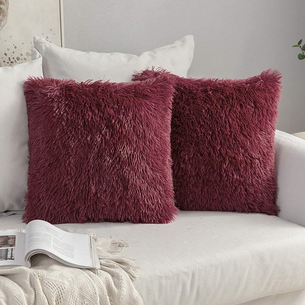 MIULEE Pack of 2 Luxury Faux Fur Fluffy Throw Pillow Covers Set Soft Deluxe Decorative Plush Fleece Pillowcases for Cushion Couch Sofa Bedroom Home 16 x 16 Inch Burgundy