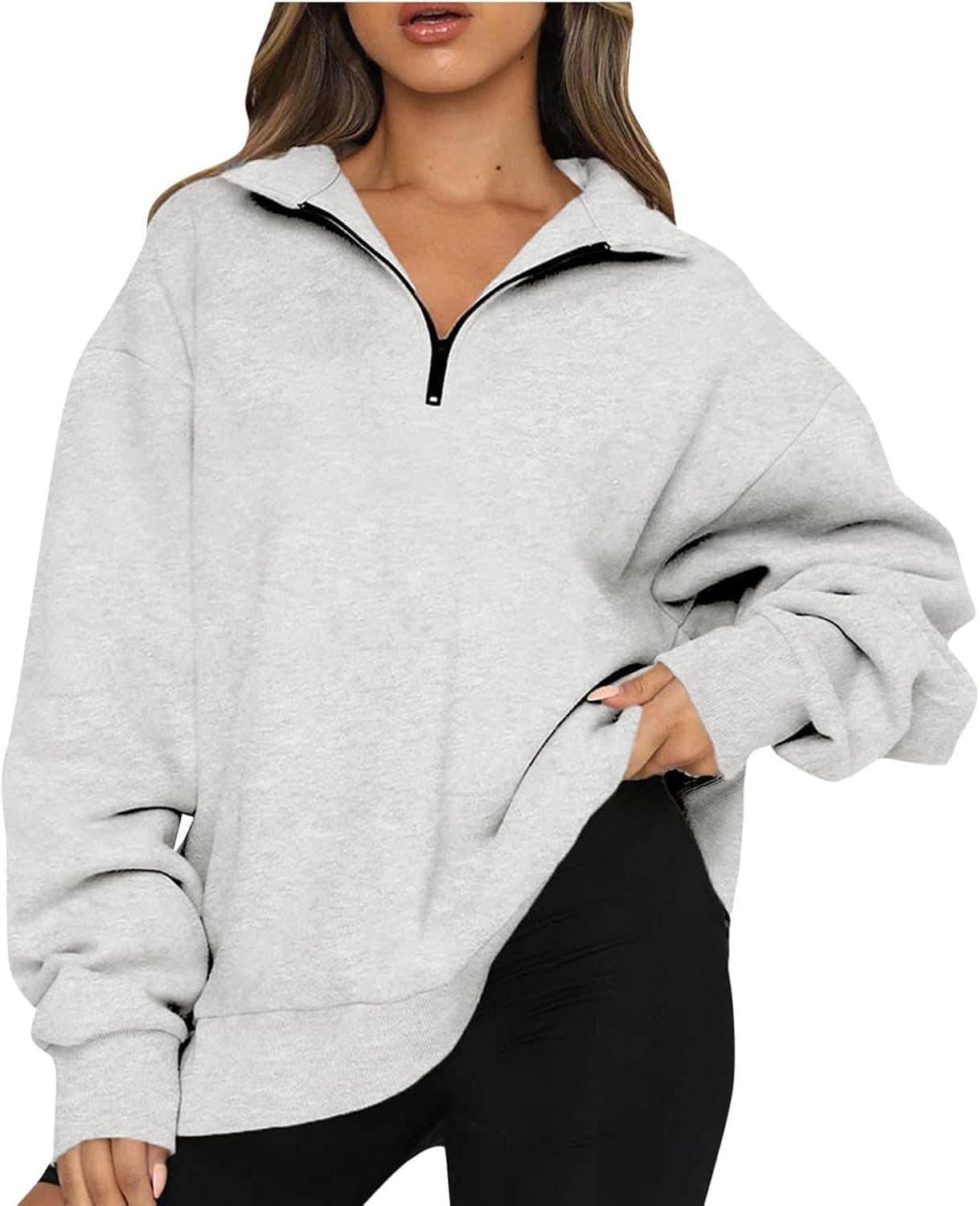 Womens Fall Fashion 2023 Pullover Tops Oversized Half Zip Pullover Long Sleeve Sweatshirt Solid Lapel Pullover Trendy