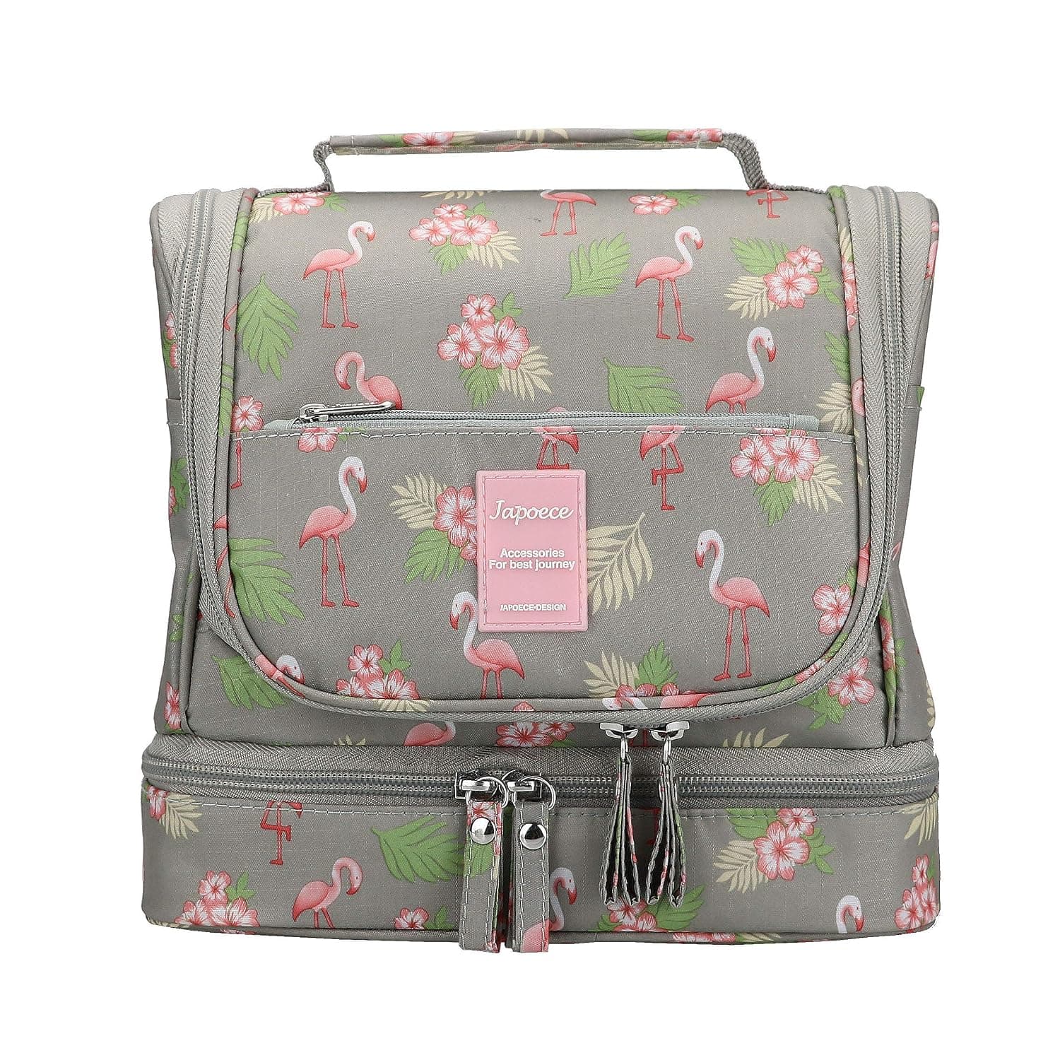 Hanging Toiletry Bag for Men Women, Japoece Portable Waterproof Travel Toiletry Cosmetic Bathroom Shower Bags with Metal Hook Double Layer Large Capacity Durable(Gray-Flamingo)