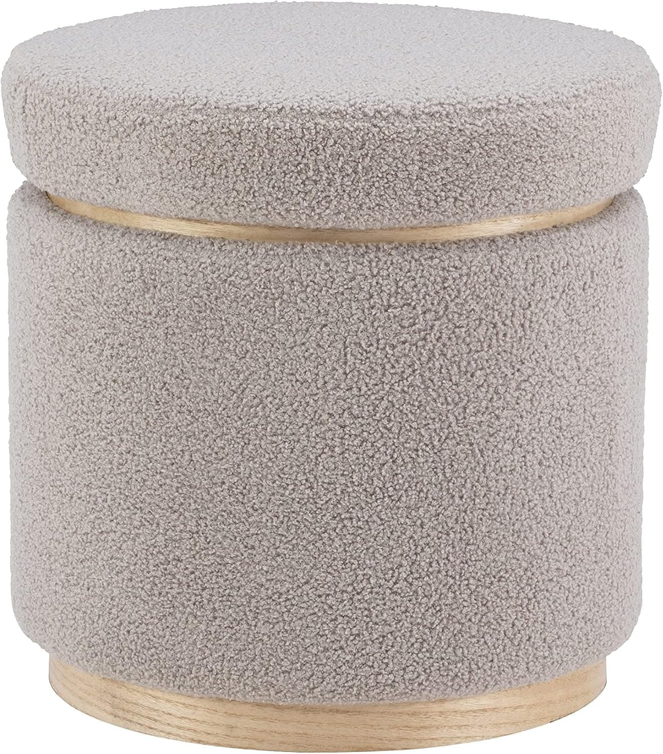 Linon Lexington Grey Sherpa Round Storage Ottoman with Wood Accent