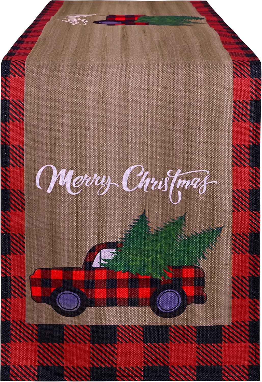 Winotic Xmas Trees Buffalo Check Plaid Truck Wood Grain Merry Christmas Table Runner, Winter Dining Table Decorations Kitchen Home Party Decor 13x72 Inch