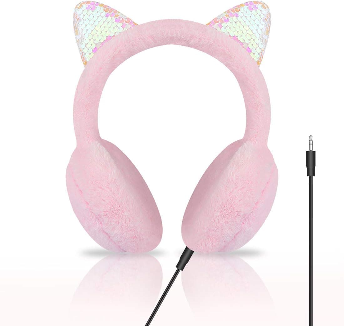 H&R Kids Headphones, Cat Ear Headphones Foldable 3.5mm Jack Headphones for Kids Girls Boys, Compatible iPad Cellphones Computer MP3/4 Kindle Airplane School Tablet (Pink)