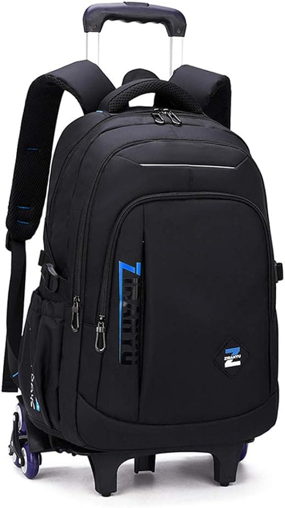 VIDOSCLA Black Kids Boys Rolling Backpack Teens Carry-on Luggage with Wheels Trolly BookBag for School-2 Wheels