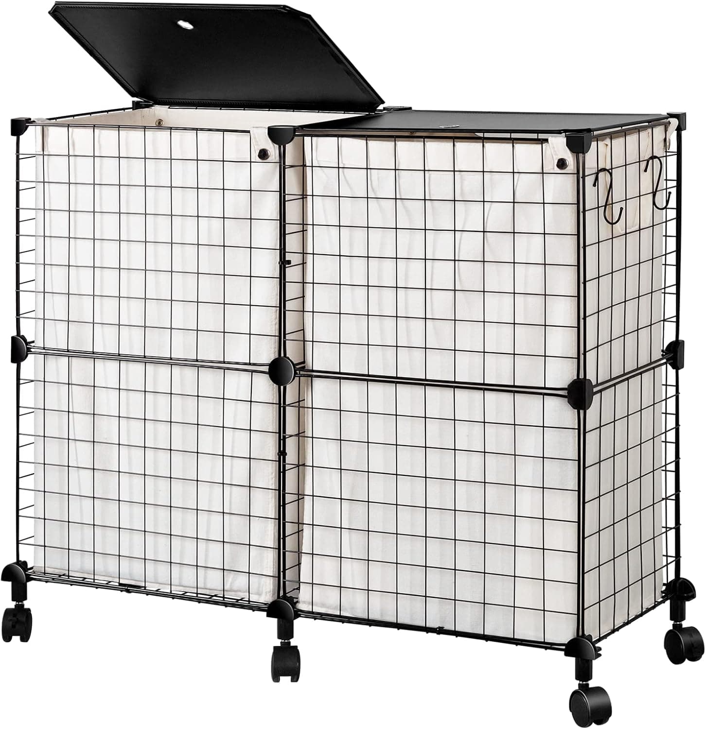WOWLIVE Double Laundry Hamper with Lid, Foldable Laundry Basket with Wheels and Removable bags，Iron Wire Collapsible Dirty Clothes Hamper Organizer Dorm Room Storage for Bedroom, Bathroom (Black)