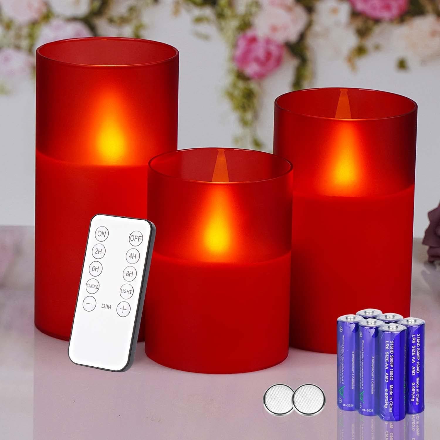 LIVILLA Flikering Flameless Candles with 10-Keys Remote & Timer, Moving Flame Led Candles, Battery Operated Flameless Pillar Candles in Glass Holder, Set of 3(D3” x H4”5”6”) Red