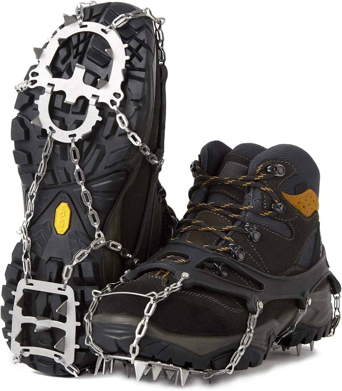 WANPION Traction Cleats Crampons Stainless Steel 18 Spikes Rivet Connection Design Durable Rubber Safe Protect Shoes and Boots for Hiking Walking Jogging Climbing on Ice and Snow