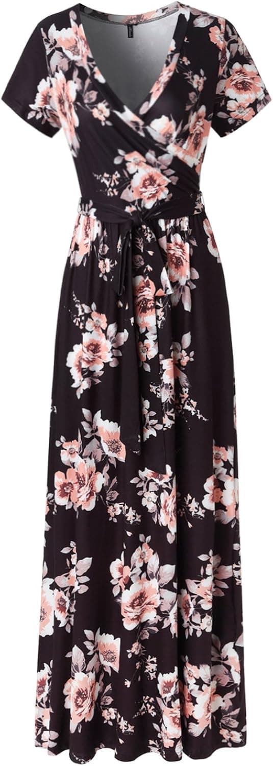 Kranda Womens Summer Short Sleeve Faux Wrap V Neck Floral/Solid Maxi Long Dress