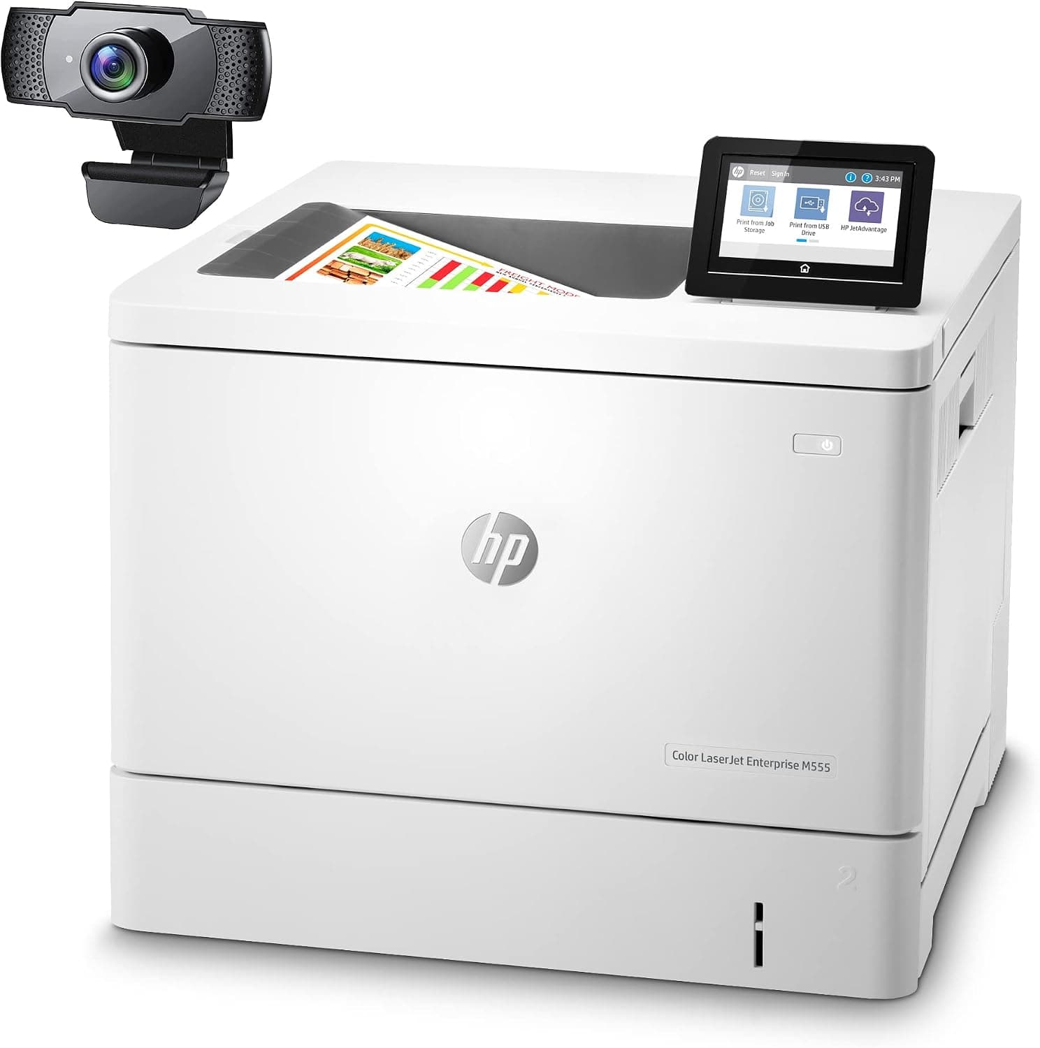 HP Color Laserjet Enterprise M555dn Single-Function Wired Ethernet Laser Printer, White - Print only - 4.3" Touchscreen LCD, 40 ppm, 600 x 600 dpi, Auto Duplex Printing, Cbmou External Webcam