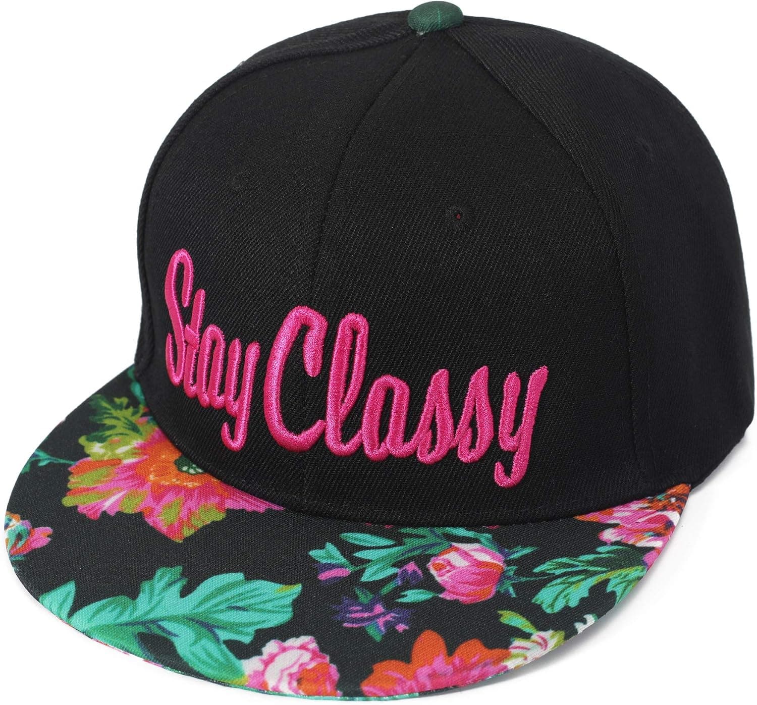 ZLYC Unisex Adjustable Baseball Cap Word Embroidered Floral Flat Bill Snapback Hat