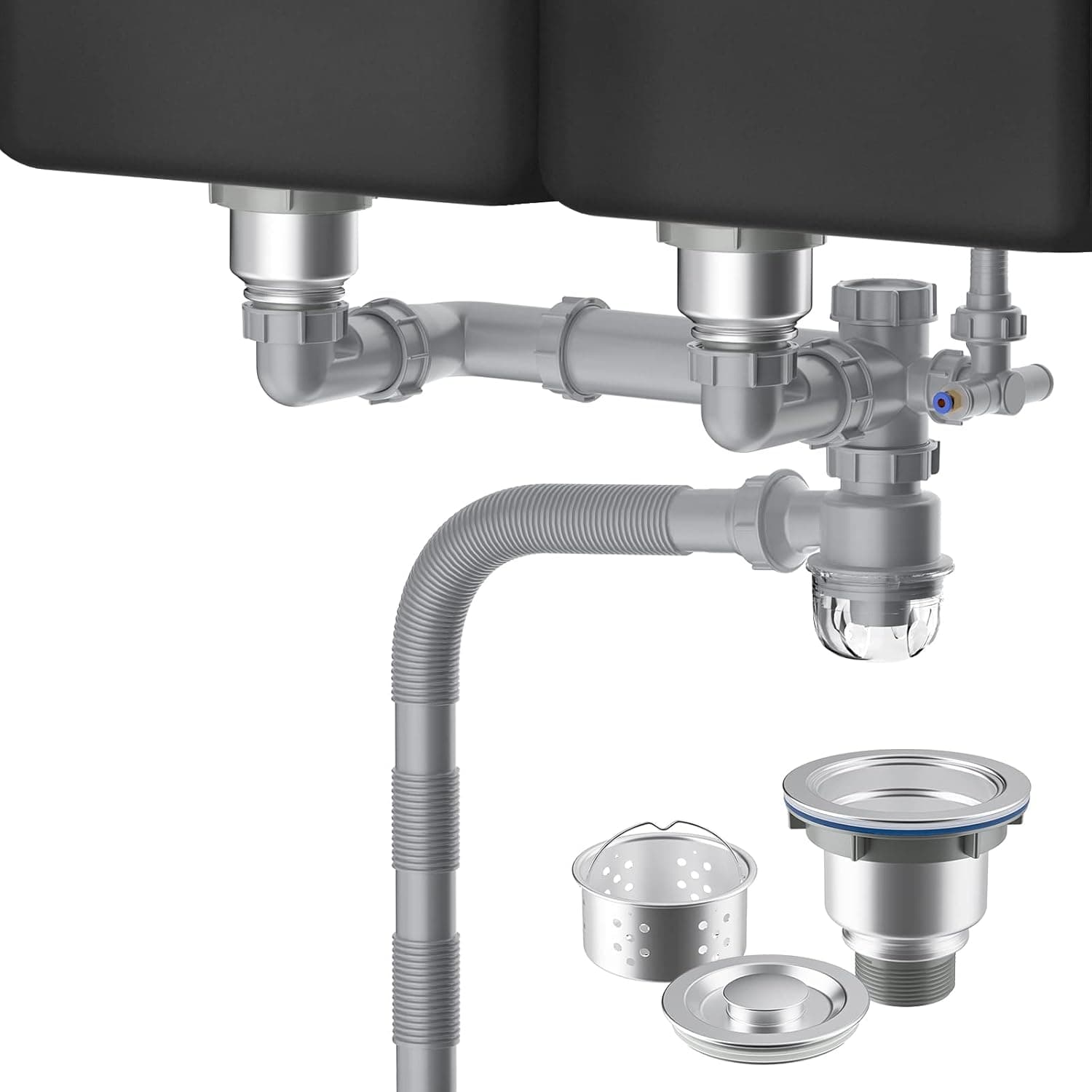 LOONGSHINET All-In-One Sink Drain Kit for Double Kitchen Sink, Multi-function P Trap Pipe Adjustable for Wall Drain/Ground Drain, Fits Overflow or No Overflow Vessel Sink, Universal Kitchen Drain Kit