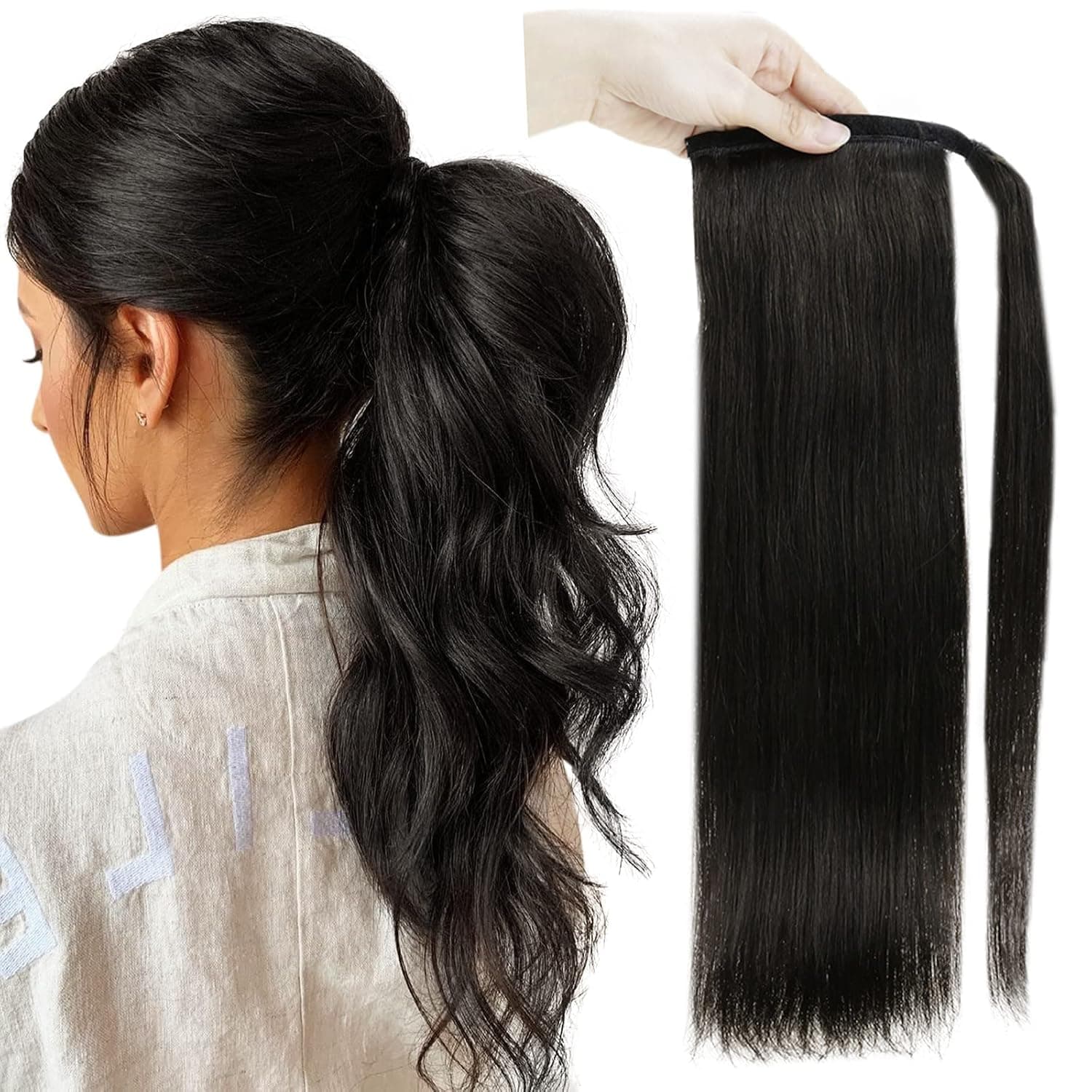 Full Shine Black Ponytail Extension Human Hair 18 Inch Ponytail Extension Wrap Around Ponytail Hair Extensions Human Hair 80 Grams Natural Ponytail Extension for Black Women