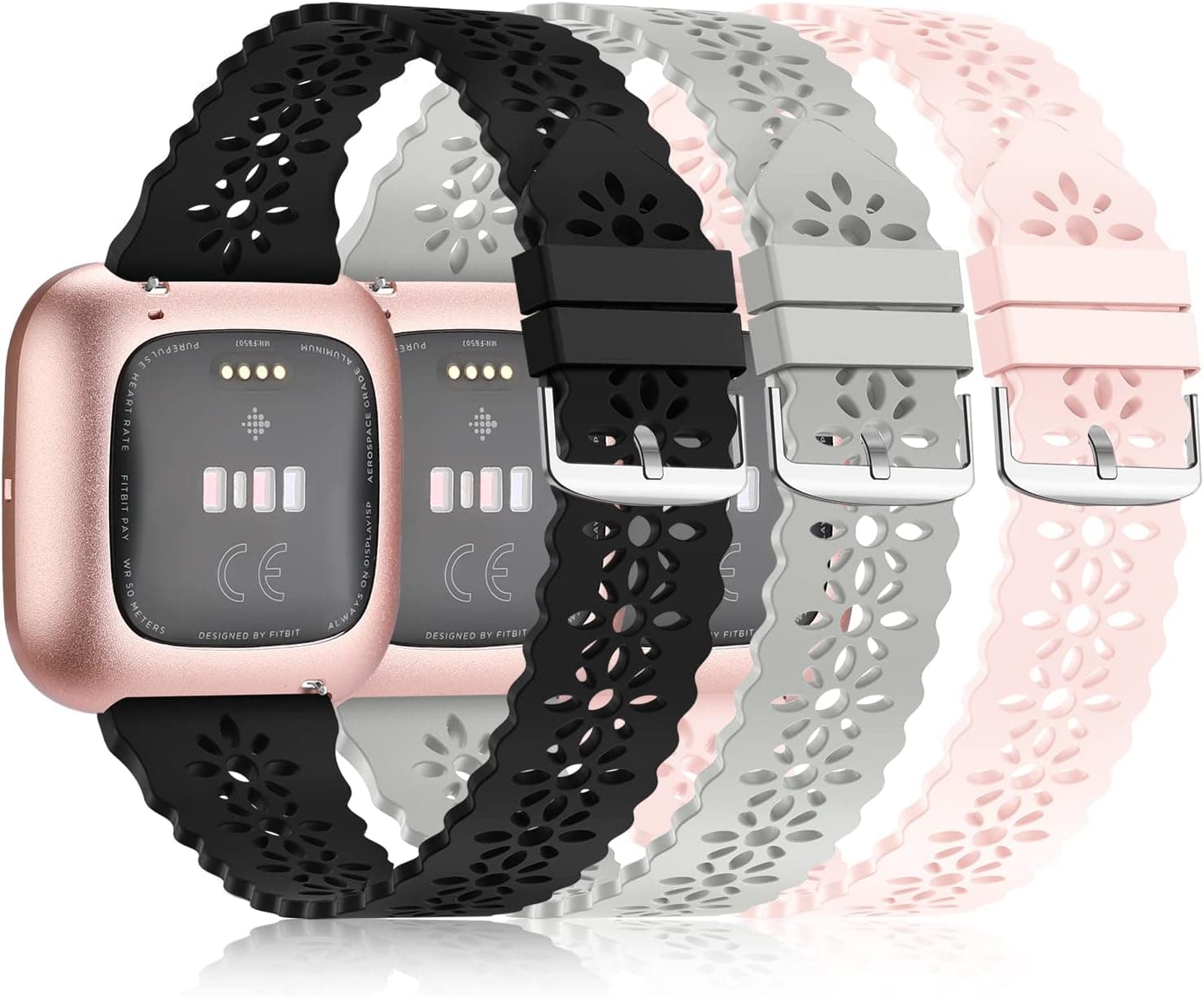YAXIN 3 Pack Slim Sport Bands Compatible with Fitbit Versa/Fitbit Versa 2/Fitbit Versa Lite Band for Women,Soft Silicone Lace Replacement Wristbands for Fitbit Versa Smart Watch,Black/Pink Sand/Gray