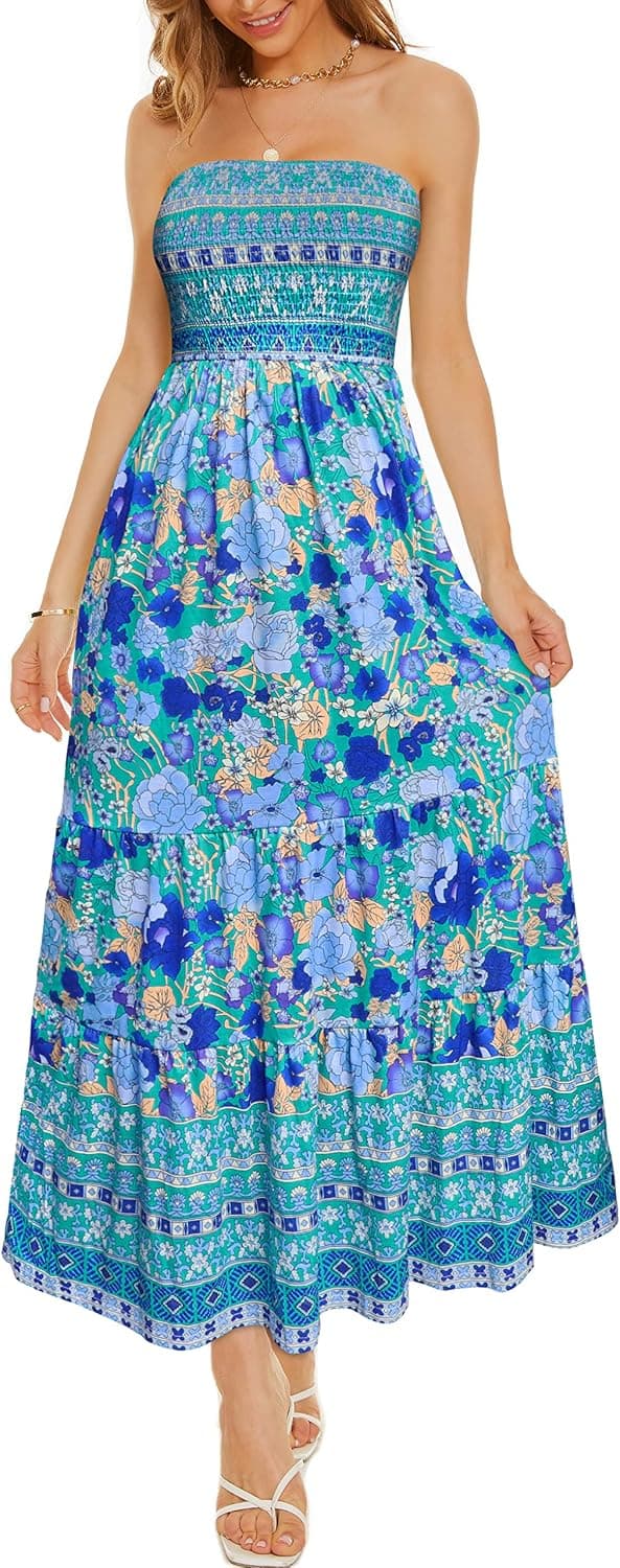 Women’s Boho Dress Floral Strapless Swing Casual Summer Beach Long Sundress(Green Boho Flower,L)