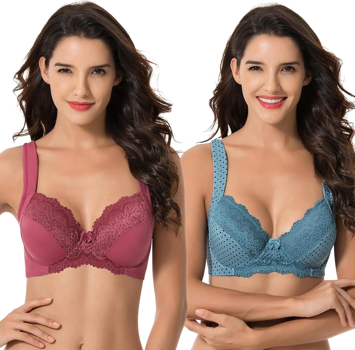 Curve Muse Women's Plus Size Unlined Underwire Lace Bra with Cushion Straps-2PK