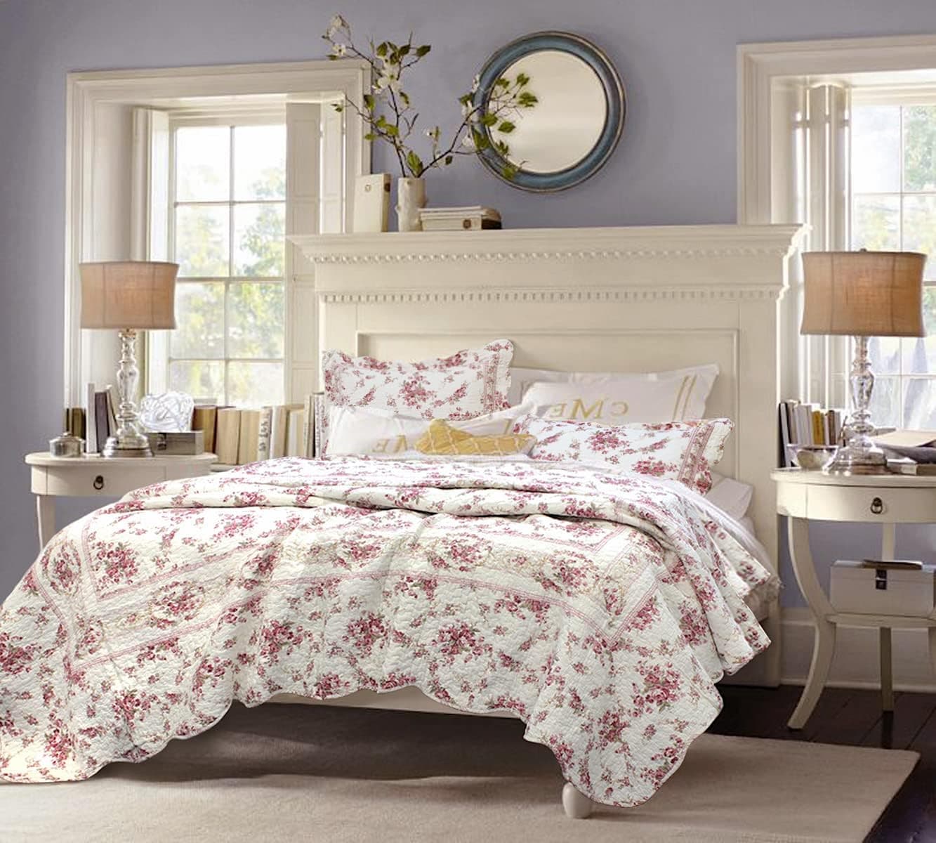 Cozy Line Home Fashions 100% Cotton Quilt Bedding Set, Pink Floral Reversible Coverlet Bedspread (Vintage Rose, King - 3 Piece)