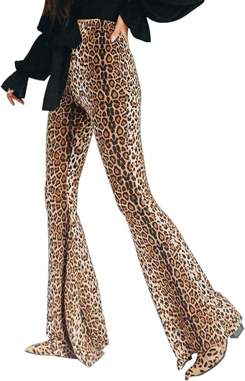 Aventy Women Leopard Snakeskin Print High Waist Flare Pants Lady Floor-Length Bell Bottom Casual Wide Leg Palazzo Trousers