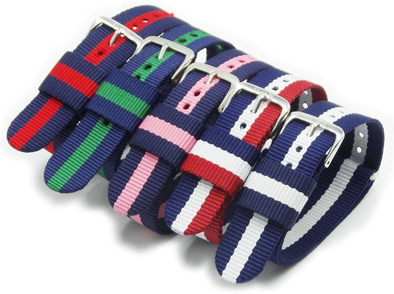 5 Nylon Canvas Striped Watch Band with Stainless Steel Buckle - Interchangeable Watch Strap
