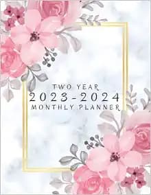 2023-2024 Monthly Planner: Large Two Year Monthly Calendar - January 2023 to December 2024 - Stylish Marble & Watercolor Flowers Cover