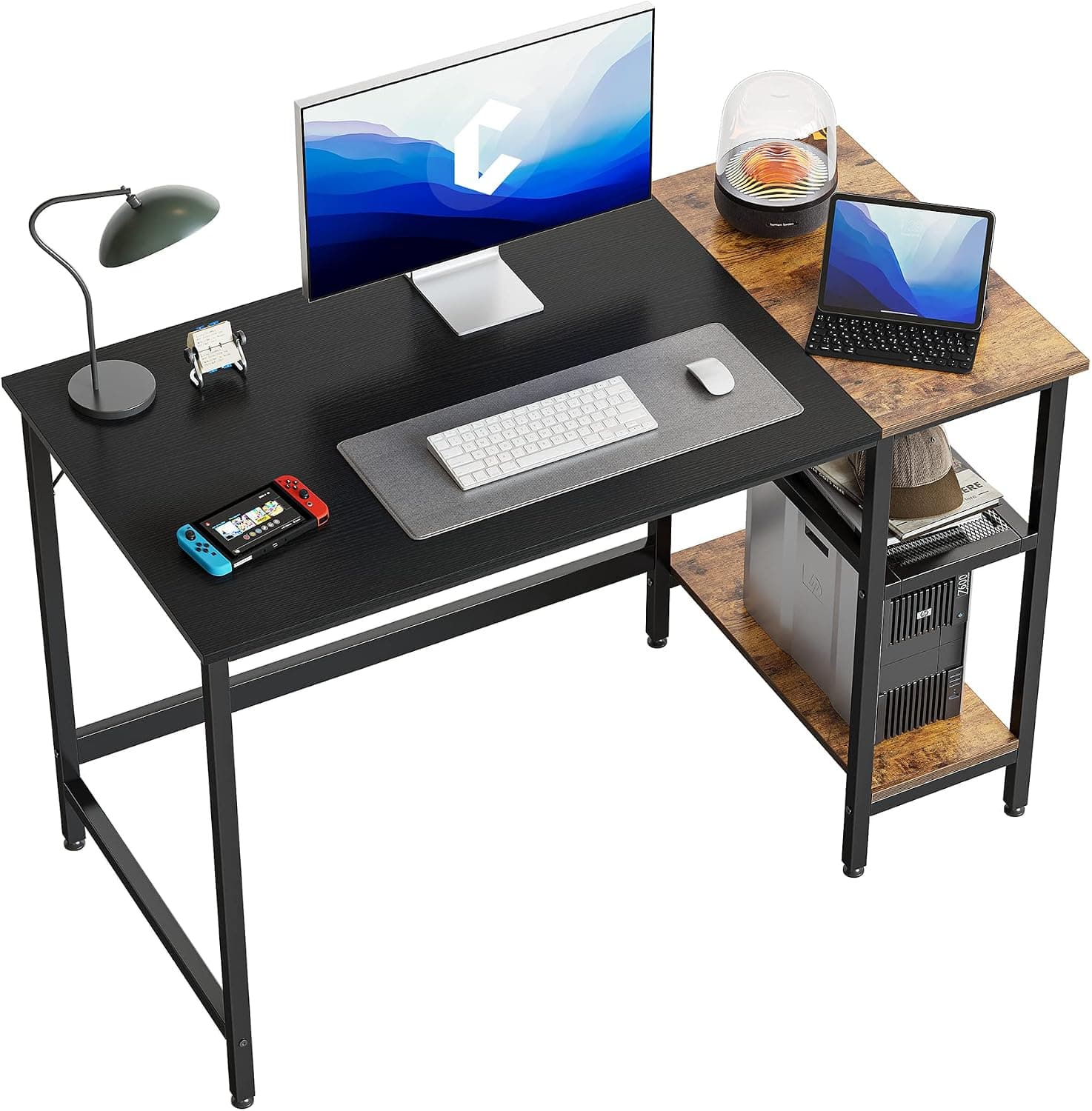CubiCubi Computer Home Office Desk, 47 Inch Small Desk Study Writing Table with Storage Shelves, Modern Simple PC Desk with Splice Board, Black Brown Finish