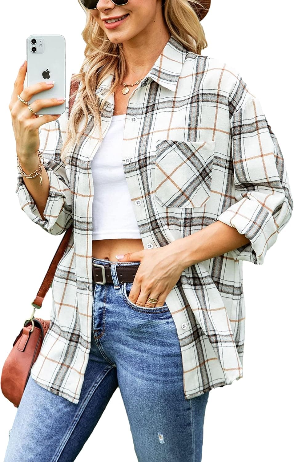 Lumister Womens' Oversized Flannel Plaid Shirt Long Sleeve Drop Shoulder Lapel Button Down Shirt Blouse Tops