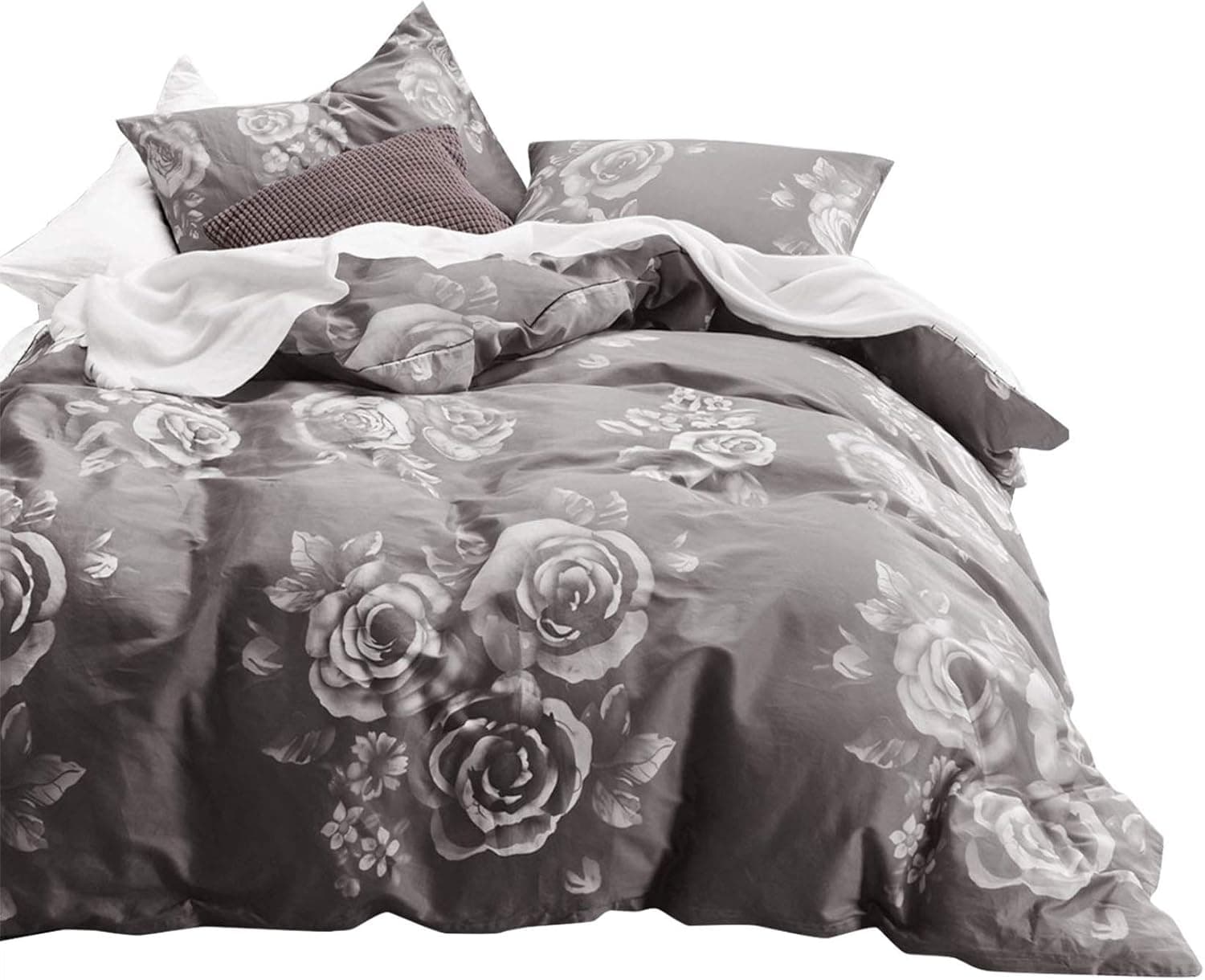 Wake In Cloud - Gray Floral Duvet Cover Set, 100% Cotton Bedding, White Rose Flowers Pattern Printed on Dark Grey, with Zipper Closure (3pcs, Full Size).
