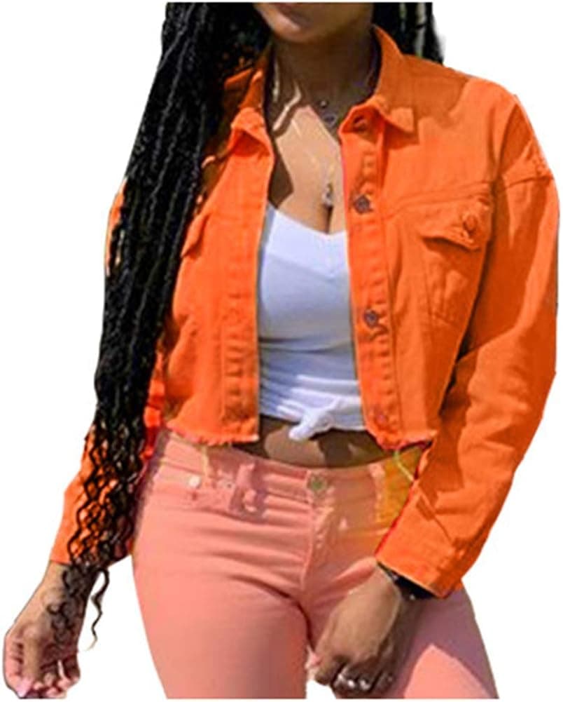 LifeShe Women's Solid Cropped Denim Jean Jacket Coat with Frayed Hem