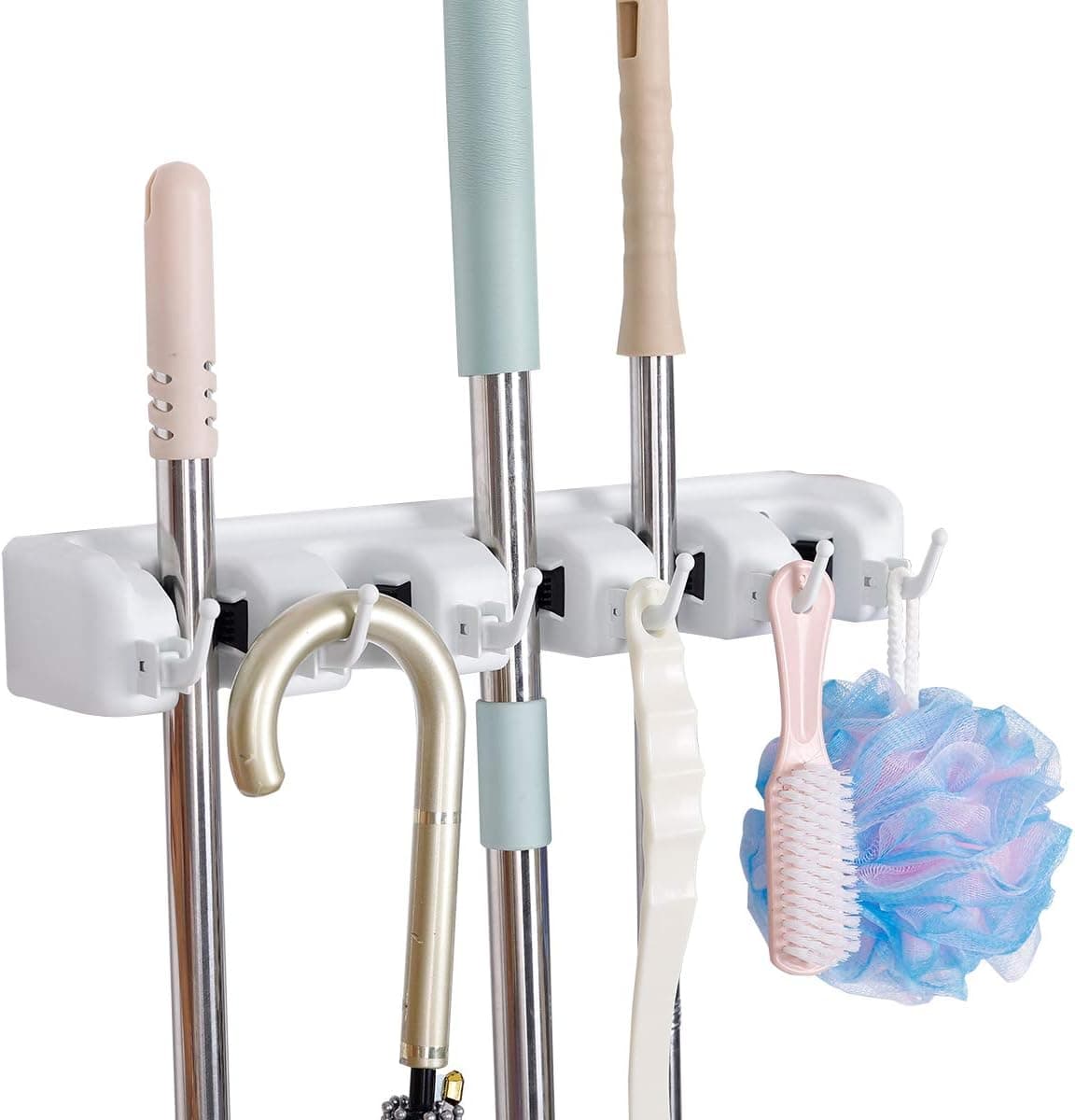 3-H Broom Mop Holder Garage Storage Hooks Wall Mounted Organizer for Shelving Brush Tool Storage with 5 Position 6 Hooks (white)