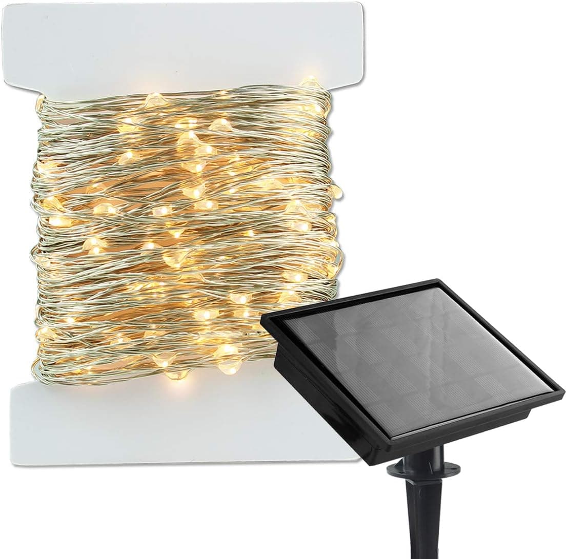 PMS Solar String Lights 44ft 100 LED Warm White Fairy Starry Lights Silver Colored Copper Wire for Garden, Wedding, Christmas, Party, Indoor and Outdoor Decoration. 8 Modes/Waterproof/USB Charge.