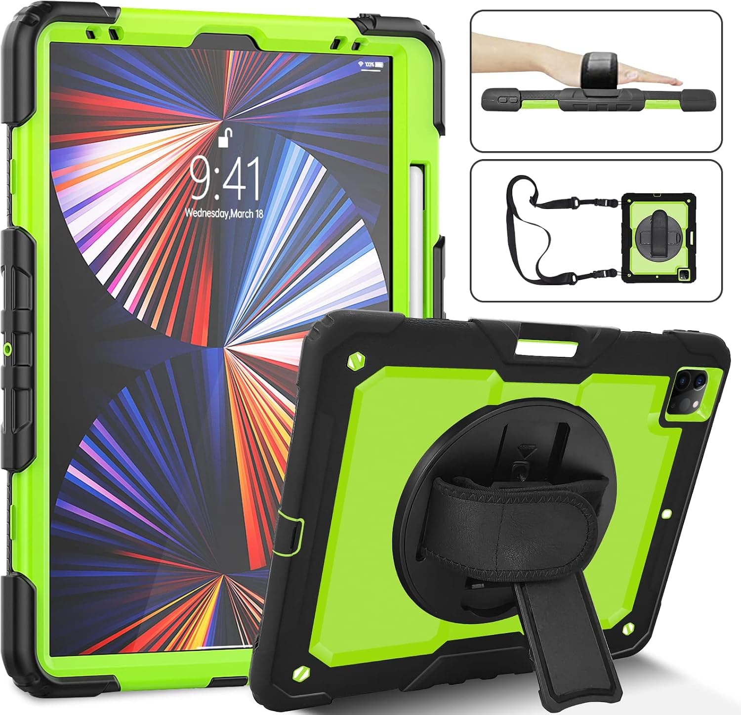 CASZONE iPad Pro 12.9 Case 4th/3rd Generation 2020/2018,Built-in Screen Protector,Heavy Duty Shockproof iPad Pro 12.9 inch Protective Cover with Pencil Holder Hand/Shoulder Strap- Black+Green