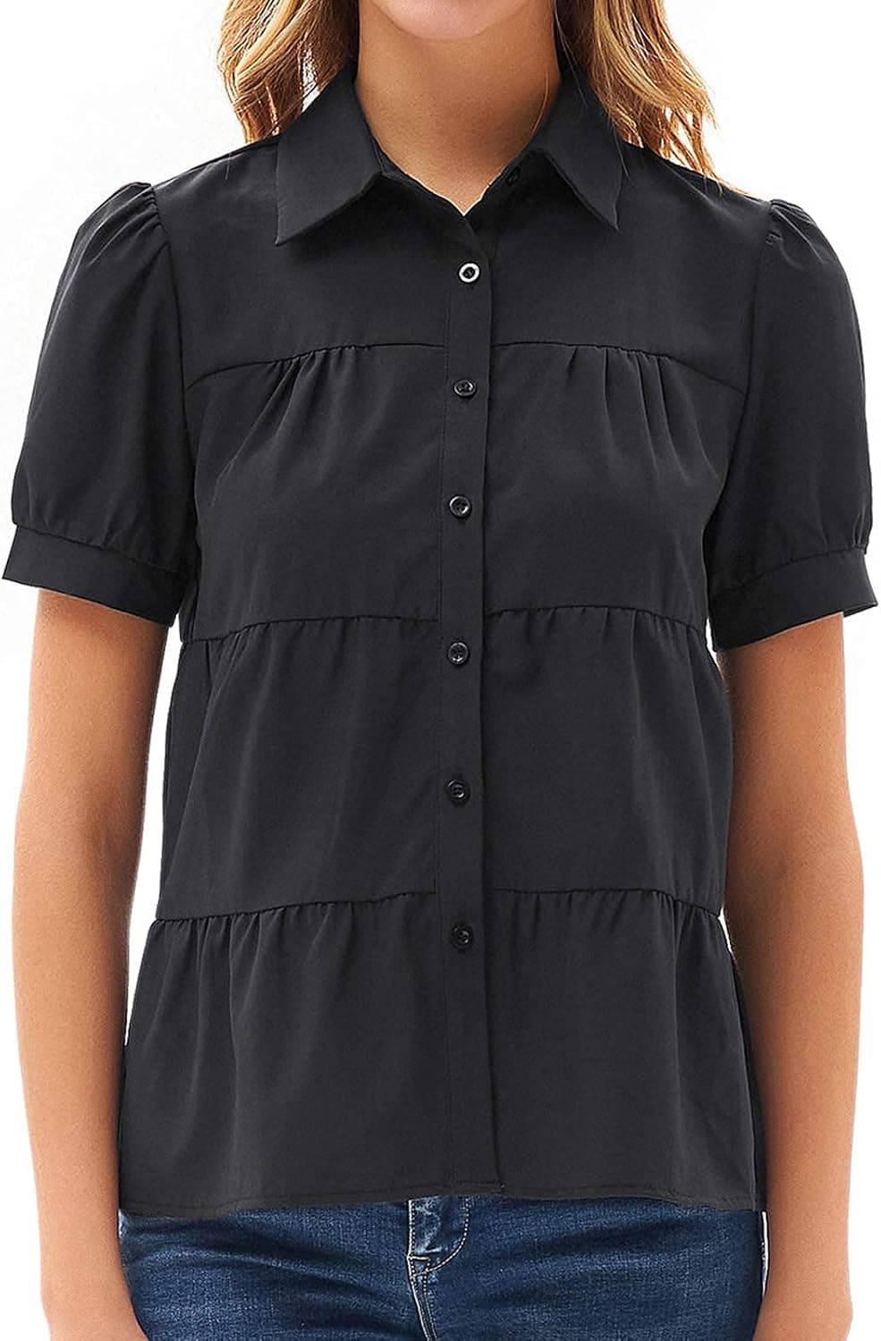 GRACE KARIN Women's Short Sleeve V Neck Tops Casual Summer Blouse Loose Shirt Black L