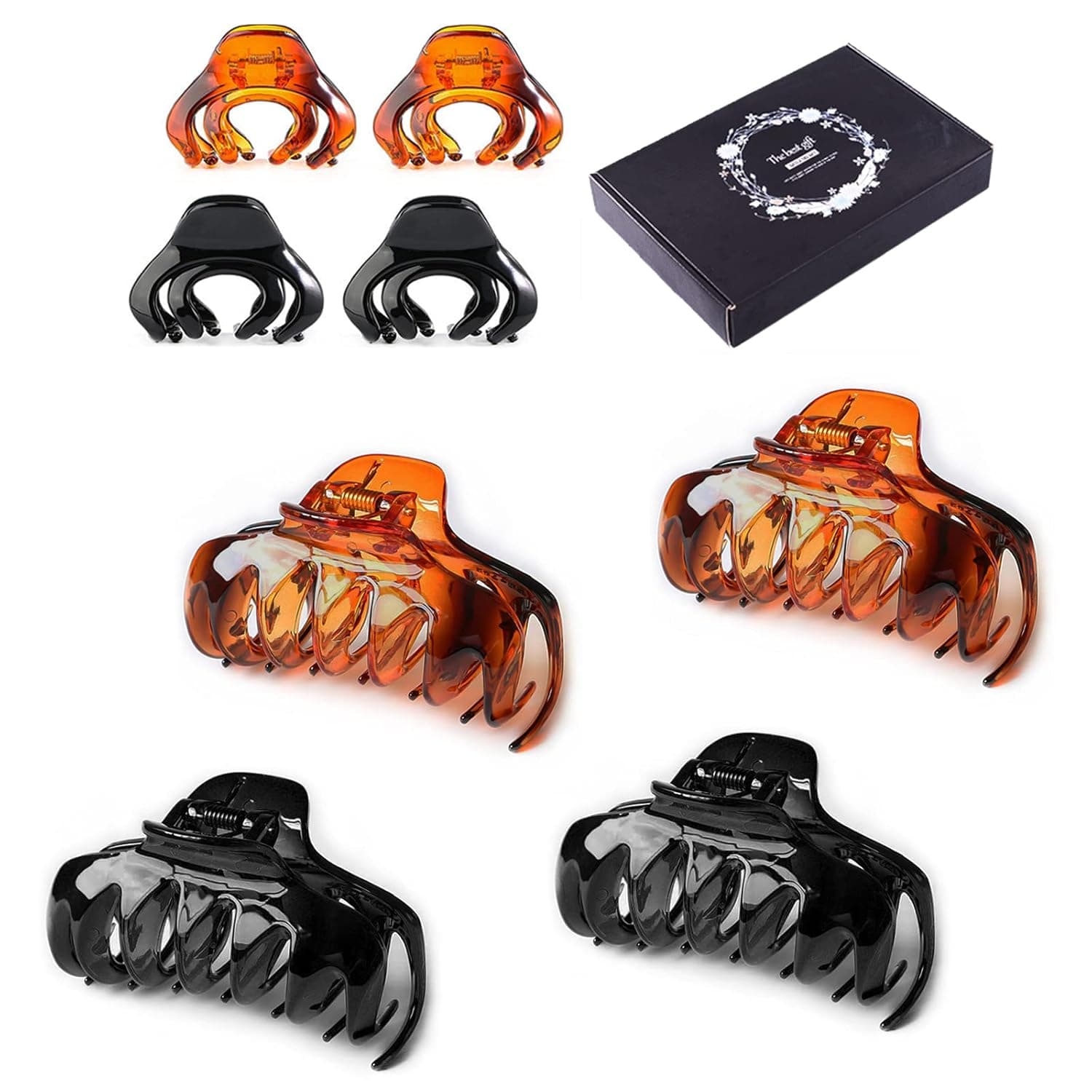 Hair Claw Clips，4 Pcs Nonslip Large Claw Clips Banana Clip & 4 Pcs Small Hair Clips Octopus Clip Nonslip Spider Hair Clip for Women Girls Kids,for Thin Thick Hair. (Black Amber)