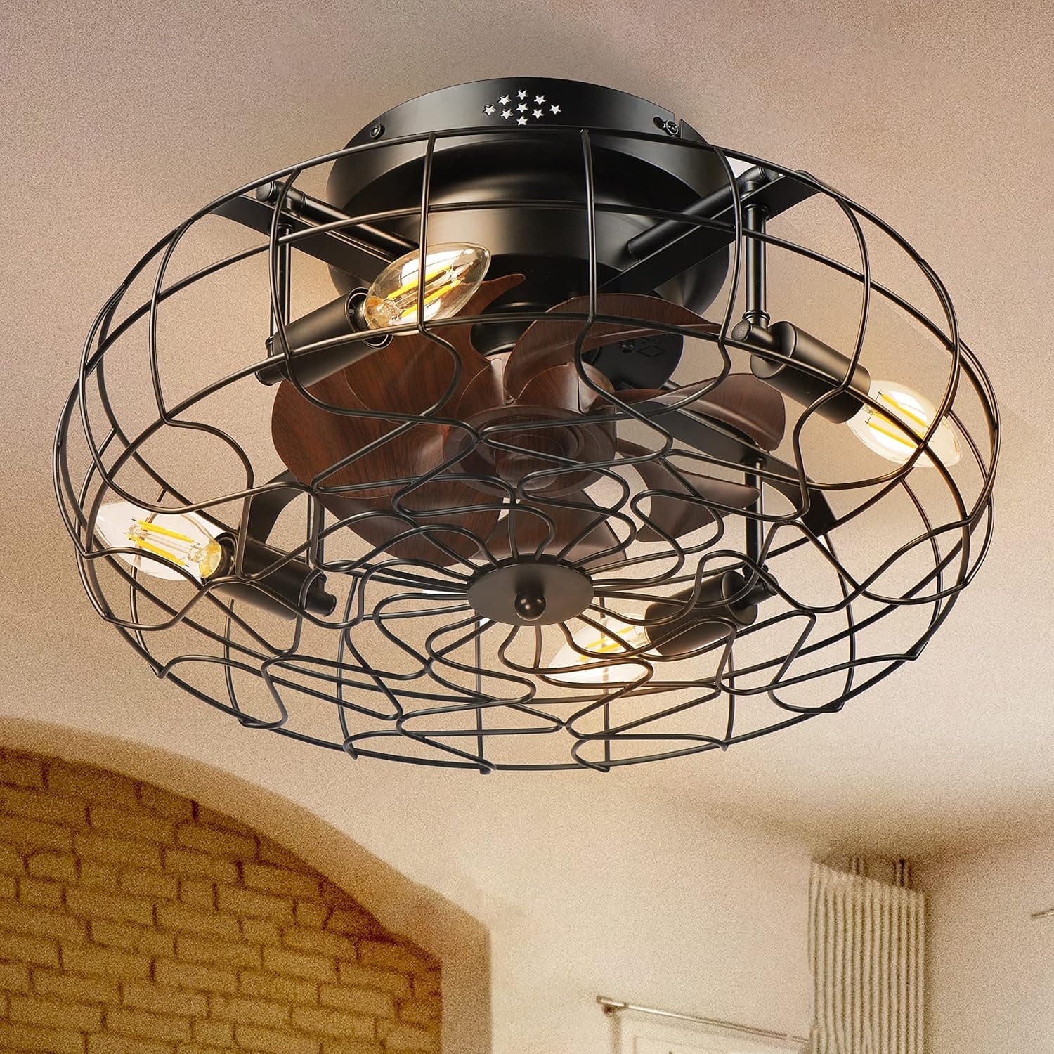 Guoduney Caged Ceiling Fan with Light Remote Control Low Profile Flush Mount Fandelier Black Small Bladeless Ceilling Fan for Living Room Bedroom Kitchen