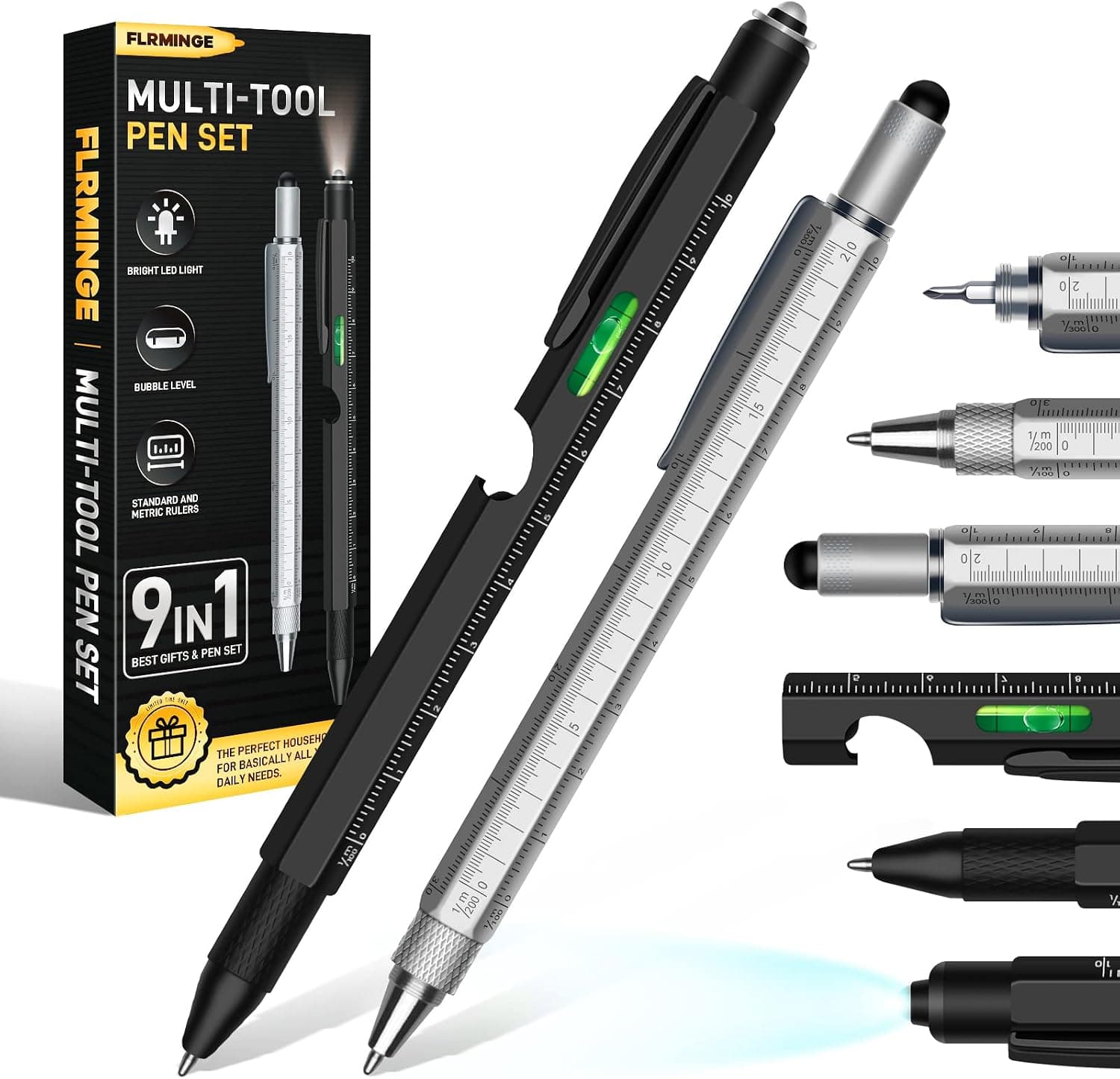 Gifts for Men Dad Him, Fathers Day,Multi-Tool 2Pc Pen Set,9 in 1 Multitool Pen,Unique Christmas Gifts for Men, Husband, Dad,Tool Gadget for Men Women, Stocking Stuffers Gifts for Men(Silver)