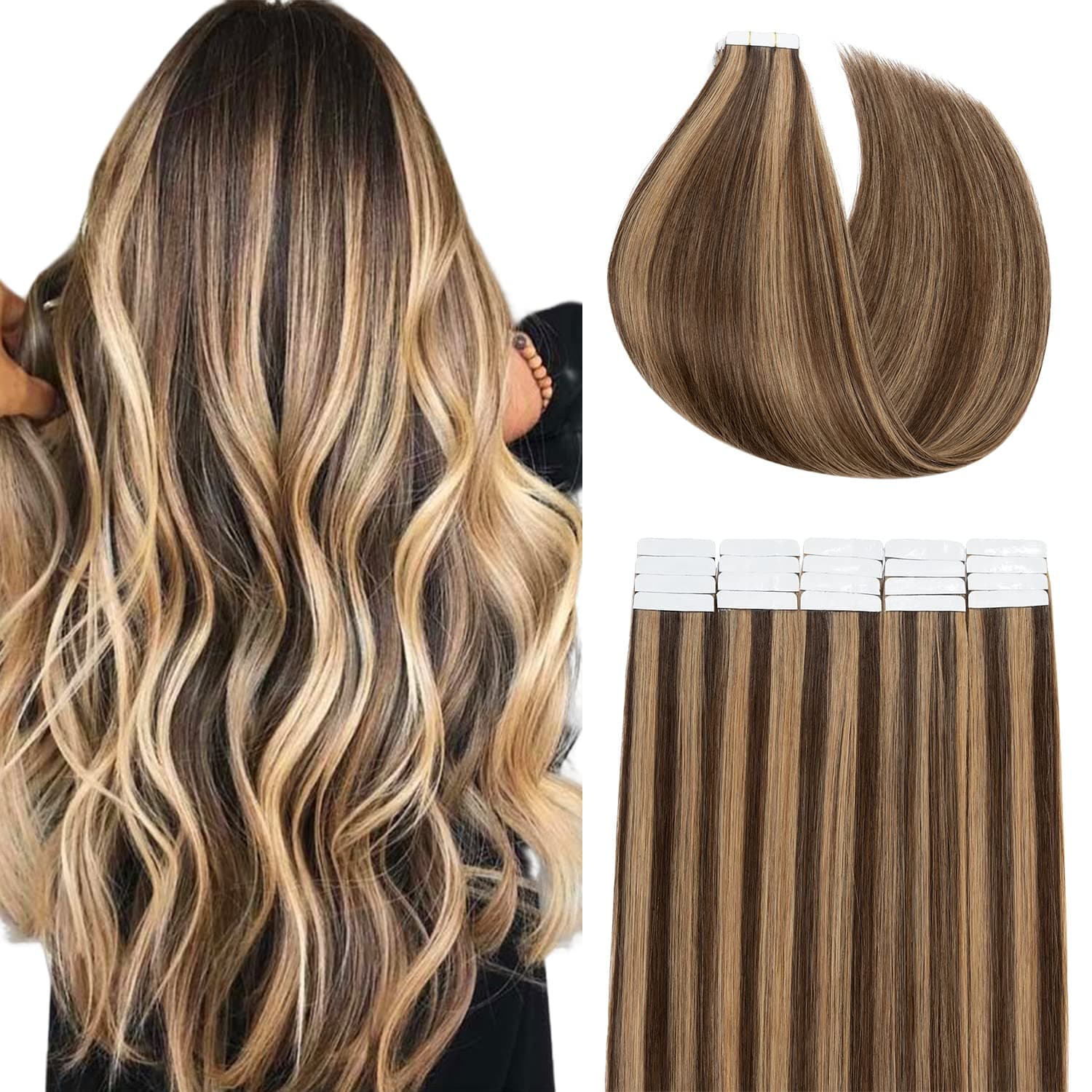 S-noilite Tape in Hair Extensions Human Hair Balayage Medium Brown to Dark Blonde 12 Inch 40g/pack 20pcs Straight Seamless Skin Weft Tape in Real Human Hair Extensions #4P27
