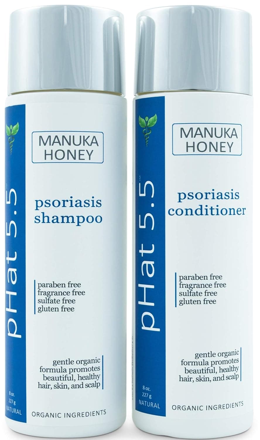 Psoriasis Shampoo and Conditioner Set for Dry and Itchy Scalp Treatment - Organic and Natural Formula - Gentle for Sensitive Skin with Manuka Honey and Aloe Vera - Sulfate and Paraben Free (8 oz)